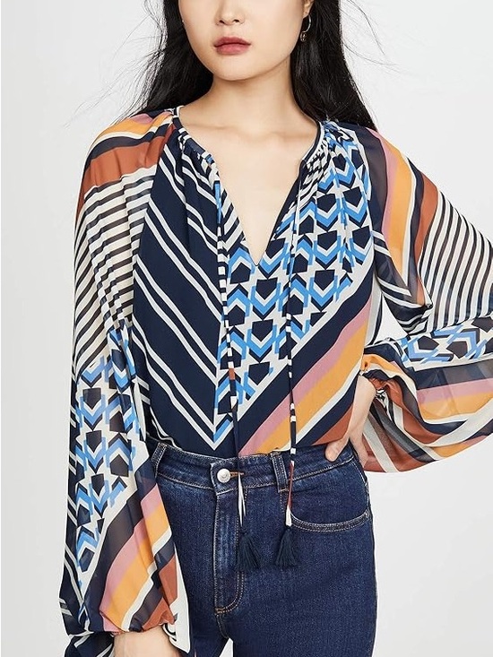 Ramy Brook Tops - Ramy Brook Vibrant Geometric Partern Tie Neck Blouse Flowy Lightweight Size M